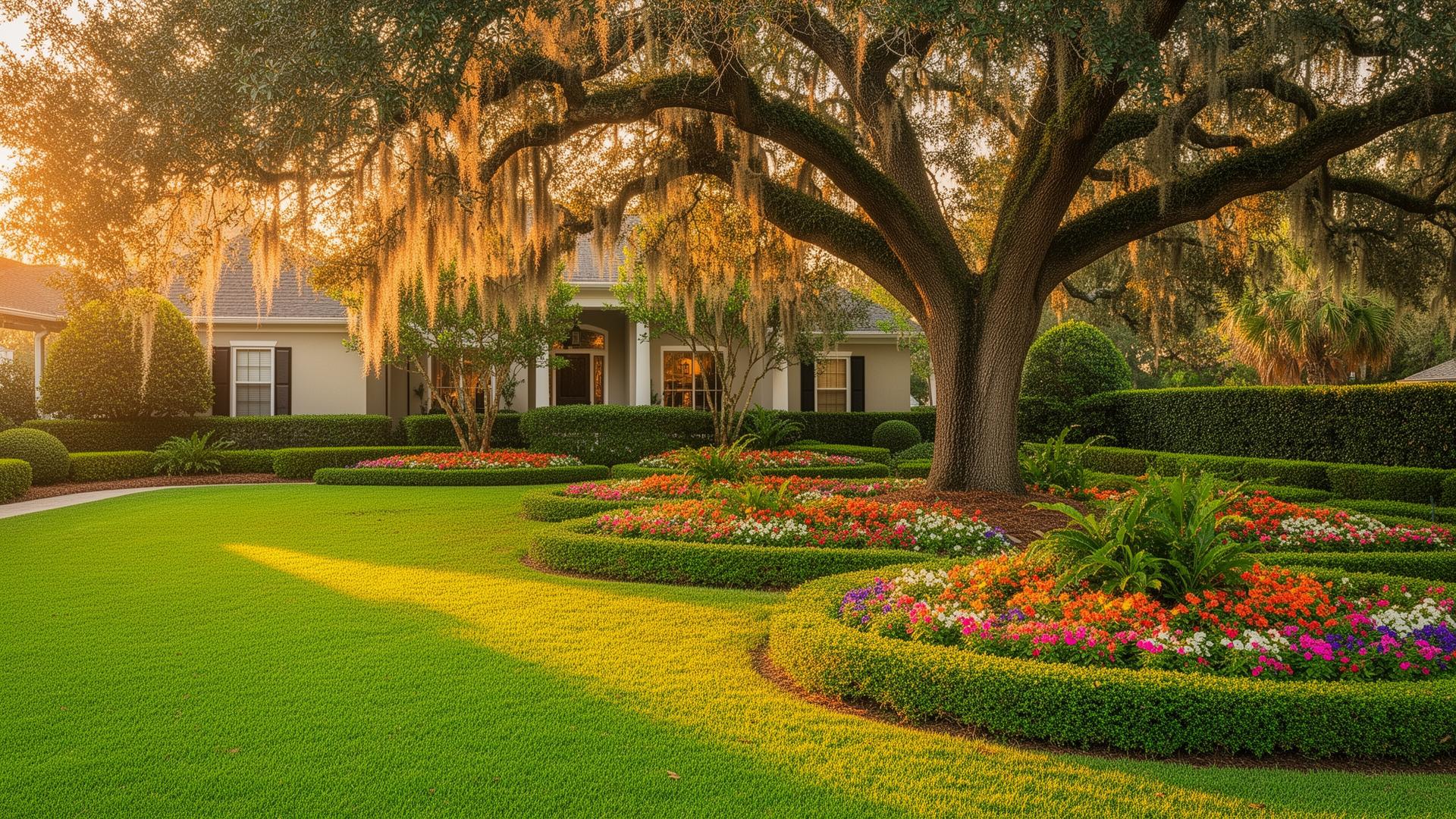 Beautifully landscaped Louisiana home with manicured lawn and flower beds
